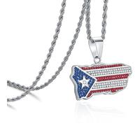 ROWIN&CO Puerto Rico Flag Necklace for Women Men Unique Iced Out Boricua Pendant Gold/Silver Patriotic Jewelry Chain Stainless Steel/w Red Blue White Cubic Zirconia, L, Stainless Steel, Cubic Zirconia