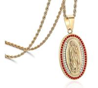 ROWIN&CO Virgin Mary Pendant Necklace 18K Gold Plated | Cubic Zirconia Oval Medal Religious Jewelry for Women & Men | Our Lady of Guadalupe Chain 20/24/30 Inch with Gift Box, 20 inch, Stainless Steel
