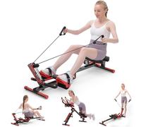 Rowing Machines for Home Gym, 4 in 1 Rowing and Ab Machine with 2 Levels of Workout Resistance, Quiet & Foldable Rower Machine with 3 Adjustable Handle Heights & LCD Monitor, Comfort Seat (Red)