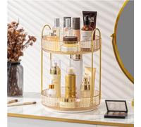 ROWNYEON Makeup Organiser 360 Rotating,Spinning Skincare Cosmetic Organiser 2 Tier Large Beauty Spinny Make Up Storage Organiser Shelf for Perfume, Vanity,Dresser, Bathroom,Toiletry(Gold)