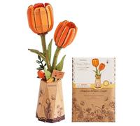 rowood Artificial Flowers Orange Tulip, 3D Wooden Puzzle DIY Kit | Wooden flower craft model kit, for adults teens and DIY craft lovers, home décor desk shelf display, lasting gift fans