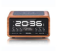 Roxel Nod DAB Radio, DAB+ & FM Radio, Alarm Clock, Wireless Qi Charging Large Digit Display Dual Bedside Alarm Clock with BT Wireless Streaming 5.0 (Walnut)