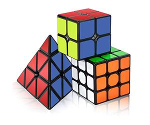 ROXENDA Speed Cube Set, 2X2 3X3 Pyramid Speed Cube Stickerless Fast Cube with Instruction (Original sticker cube set)