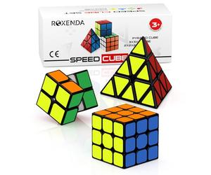 ROXENDA Speed Cube Set, 2X2 3X3 Pyramid Speed Cube Stickerless Fast Cube with Instruction (Sticker cube set)