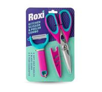 Roxi Kitchen Scissor & Peeler Set - Heavy Duty Shears with Finely Serrated Blades, Soft Grip Handles & Built-in Bottle Opener. Includes Vegetable Peeler & Protective Blade Guard (Fushia, Turquoise)