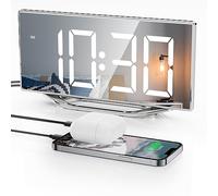 Roxicosly Digital Clock, Loud Alarm Clock for Heavy Sleepers Adult, 8.7'' Large Display LED Mirror Clock with 7-Level Dimmer,Snooze Mode,Dual USB Ports, Modern Desk Clock, Silver-white (CR1018)