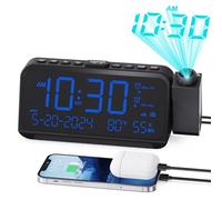 Roxicosly Radio Alarm Clocks with 350° Projector, Digital Clock Ceiling Display with 5 Dimmer, Temp, Humidity, USB & Type C Chargers, Night Light, Weekday Weekend