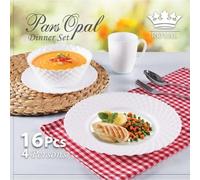 Royal 16 Piece White Porcelain Dinner Set Round | 4 Plates, Bowls and Cups | Party Dinnerware | Service Set for 4 | Dishwasher and Microwave Safe | Kitchen & Dining (Dotted Embossed)