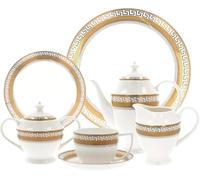 Royal 24 Piece Bone China Tea Set for 6 - Gold Greek Key Design Cups and Saucers Set, Includes Teapot, Cups, Saucers, Dessert Plates, Sugar Pot & Creamer - Perfect for Afternoon Tea & Coffee