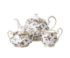 Royal Albert 100 Years 1940 English Chintz Teapot, Sugar, Cream, 3 Piece Set, White, Bone China