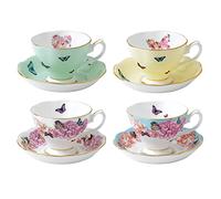 Royal Albert - Miranda Kerr 8 Piece Teacup and Saucer Gift Set - Vintage Serving Set for 4, with Bone China Tea Cup and Saucer Set - Multicolour Butterfly & Floral Pattern