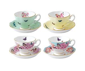 Royal Albert - Miranda Kerr 8 Piece Teacup and Saucer Gift Set - Vintage Serving Set for 4, with Bone China Tea Cup and Saucer Set - Multicolour Butterfly & Floral Pattern