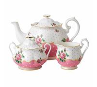 Royal Albert Modern Vintage 40002392 Teapot, Sugar & Cream 3 Piece Set, Cheeky Pink, Porcelain, 64.5 Ounces