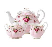 Royal Albert Modern Vintage NCRPNK25823 Teapot, Sugar Box, Creamer 3 Piece Set NCR, Bone China, 42 Ounces, Country Roses Pink, 41.7