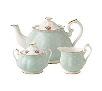 Royal Albert Modern Vintage POLROS25823 Teapot, Sugar, Cream 3 Piece Set, Polka Rose, Bone China