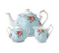 Royal Albert Polka Blue Tea Modern Vintage POLBLU25823 Teapot, Creamer & Sugar, 3 Piece Set, Fine Bone China