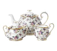 Royal Albert 100 Years 1940 English Chintz Teapot, Sugar, Cream, 3 Piece Set, White, Bone China