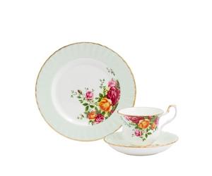 Royal Albert Teaware & Coffee Sets, Fine Bone China, Old Country Rose Teacup Saucer Plate, Fern, 3pcs