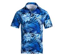 Royal & Awesome Funny Mens Jungle Blues Golf Polo Shirt, Crazy Colourful Tropical Patterned Golf Top for Men, Stretch Fit, Large