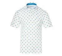 Royal & Awesome Funny Mens White & Blue Dots Golf Polo Shirt, Crazy Colourful Patterned Golf Top for Men, Stretch Fit, Large