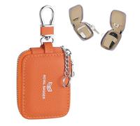 Royal Bagger Mini Earphone Bag Genuine Leather Zipper Key Wallet with Keychain, Portable Headphone Case for Men & Women 3901 (Orange)