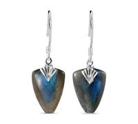 Royal Bali Collection Labradorite Shield Drop Earrings with J Hook, Black Oxidised Sterling Silver, Handcrafted Balinese Artisan Jewellery, Iridescent Statement Earrings