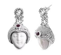 Royal Bali Collection Ox Bone & Fissure Filled Ruby Goddess Earrings in 925 Sterling Silver, Handcarved Balinese Artisan Jewellery with Push Back Closure
