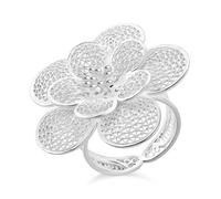 Royal Bali Legacy Collection Sterling Silver Flower Ring, Handcrafted Balinese Artisan Openwork Floral Design, 925 Silver Statement Ring, Nature-Inspired Luxury Jewellery Size S