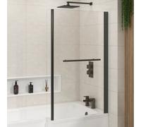 Royal Bathrooms 1400mm L-Shaped Matt Black Shower Fixed Bath Screen With Towel Rail & Panel 6mm Toughened Safety Glass