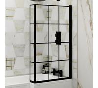Royal Bathrooms 1430mm Matt Black Grid Framed L-Shaped Fixed Bath Screen With Panel 6mm Toughened Safety Glass