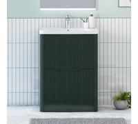 Royal Bathrooms Avenza 600mm Fluted Floor Standing Vanity Unit Deep Moss Green 2 Drawer Storage Cabinet With Ceramic Basin