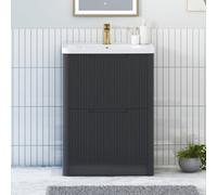 Royal Bathrooms Avenza 600mm Fluted Floor Standing Vanity Unit Matt Obsidian Black 2 Drawer Storage Cabinet With Ceramic Basin
