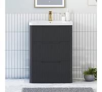 Royal Bathrooms Avenza 600mm Fluted Floor Standing Vanity Unit Matt Obsidian Black 3 Drawer Storage Cabinet With Ceramic Basin