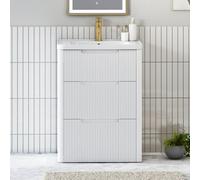 Royal Bathrooms Avenza 600mm Fluted Floor Standing Vanity Unit Matt White 3 Drawer Storage Cabinet With Ceramic Basin
