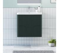 Royal Bathrooms Avenza 600mm Fluted Wall Hung Vanity Unit Deep Moss Green 2 Drawer Storage Cabinet With Ceramic Basin