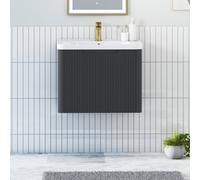 Royal Bathrooms Avenza 600mm Fluted Wall Hung Vanity Unit Matt Obsidian Black 1 Drawer Storage Cabinet With Ceramic Basin