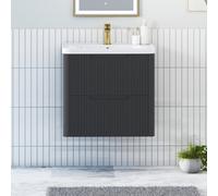 Royal Bathrooms Avenza 600mm Fluted Wall Hung Vanity Unit Matt Obsidian Black 2 Drawer Storage Cabinet With Ceramic Basin