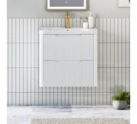 Royal Bathrooms Avenza 600mm Fluted Wall Hung Vanity Unit Matt White 2 Drawer Storage Cabinet With Ceramic Basin