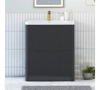 Royal Bathrooms Avenza 700mm Fluted Floor Standing Vanity Unit Matt Obsidian Black 2 Drawer Storage Cabinet With Ceramic Basin