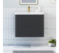 Royal Bathrooms Avenza 700mm Fluted Wall Hung Vanity Unit Matt Obsidian Black 2 Drawer Storage Cabinet With Ceramic Basin