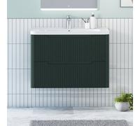 Royal Bathrooms Avenza 800mm Fluted Wall Hung Vanity Unit Deep Moss Green 2 Drawer Storage Cabinet With Ceramic Basin