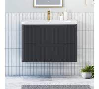 Royal Bathrooms Avenza 800mm Fluted Wall Hung Vanity Unit Matt Obsidian Black 2 Drawer Storage Cabinet With Ceramic Basin