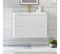 Royal Bathrooms Avenza 800mm Fluted Wall Hung Vanity Unit Matt White 2 Drawer Storage Cabinet With Ceramic Basin