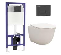 Royal Bathrooms Contemporary Wall Hung Rimless Toilet with Cistern Quick Release Slim Soft Close Seat Round Shape Bathroom & Aqua Black Plate Wall Hung Frame - Divine
