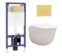 Royal Bathrooms Contemporary Wall Hung Rimless Toilet with Cistern Quick Release Slim Soft Close Seat Round Shape Bathroom & Aqua Brass Plate Wall Hung Frame - Divine