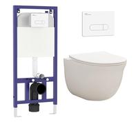 Royal Bathrooms Contemporary Wall Hung Rimless Toilet with Cistern Quick Release Slim Soft Close Seat Round Shape Bathroom & Aqua White Plate Wall Hung Frame - Divine
