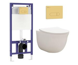 Royal Bathrooms Contemporary Wall Hung Rimless Toilet with Cistern Quick Release Slim Soft Close Seat Round Shape Bathroom & Aqua Brass Plate Wall Hung Frame - Divine