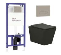 Royal Bathrooms Elena Matt Black Wall Hung Rimless Toilet With Slim Soft Close Seat & Aqua Brushed Nickel Plate Wall Hung Frame