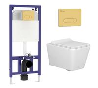 Royal Bathrooms Elena Rimless Wall Hung Toilet, Aqua Brushed Brass Wall Hung Frame Gloss White Round Pan, Slim Soft Close Seat