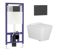 Royal Bathrooms Elena Rimless Wall Hung Toilet, Aqua Matt Black Plate Wall Hung Frame Gloss White Pan, Slim Soft Close Seat